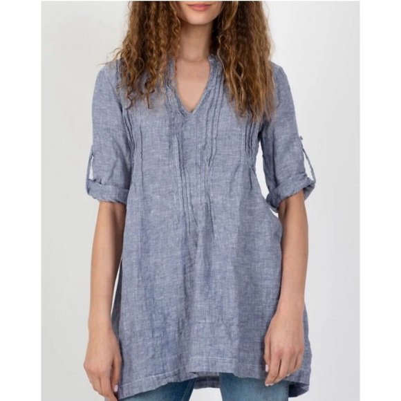 CP Shades Tops - CP Shades Regina 100% Linen Collarless Pleated Bodice Tunic Top Women's Small